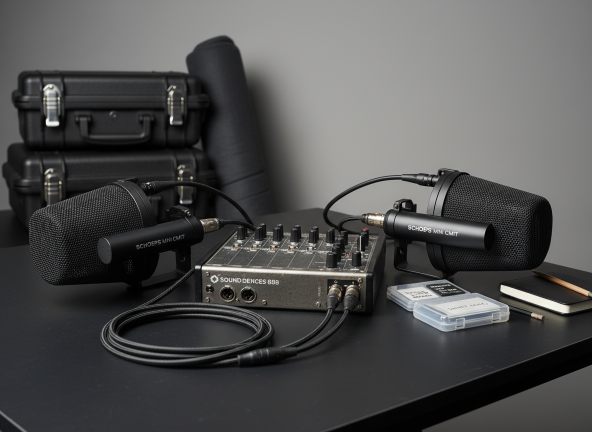 A meticulously arranged field recording kit laid out on a dark, matte worktable, featuring a weathered professional field mixer-recorder, shotgun microphones with sleek matte-black finishes, blimps with fine mesh texture, coiled XLR cables, and neatly labeled SD cards in a clear case. In the background, slightly out of focus, stand padded hard cases and a rolled sound blanket against a neutral studio wall. Soft, directional overhead lighting creates crisp reflections along metal edges and subtle shadows under each object. Photographic realism with a clean, modern aesthetic, shot from a slightly elevated angle with shallow depth of field, conveying precision, reliability, and professional organization for high-end location sound work.