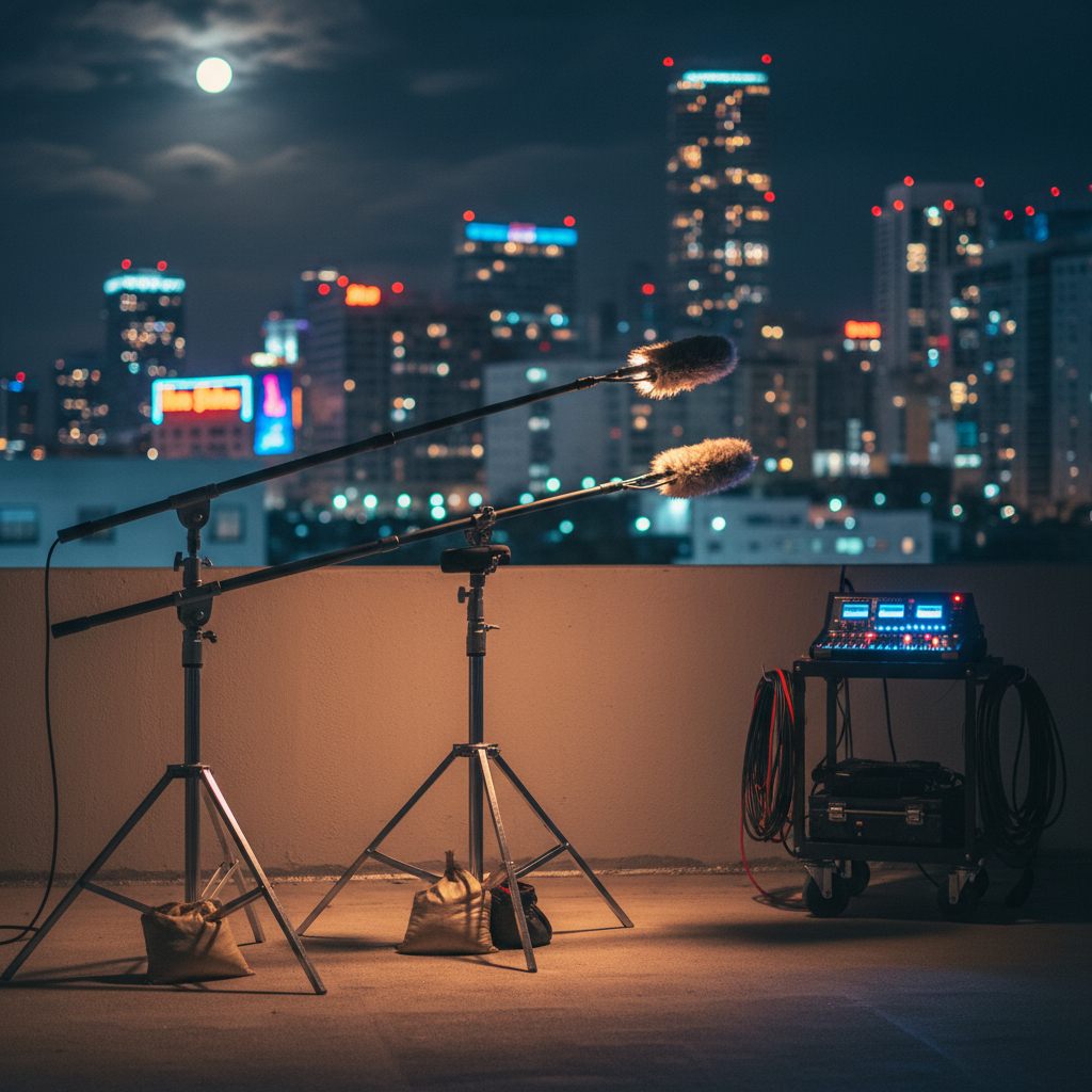 A night-time urban rooftop film set overlooking downtown Miami’s illuminated skyline, the focus on a pair of boom poles resting on padded stands, their microphones protected in sleek black blimps with furry windshields catching subtle rim light. Nearby, a compact sound cart with glowing LED meters, labeled channel strips, and coiled cables sits against a low parapet wall. The city’s neon signs and office lights create colorful bokeh in the background. A mix of cool moonlight and warm practical set lighting sculpts the scene, producing gentle highlights and purposeful shadows. Photographic realism, shot from a medium-low angle with asymmetrical composition, conveying a polished, cinematic, late-night production environment for high-end location sound supervision.