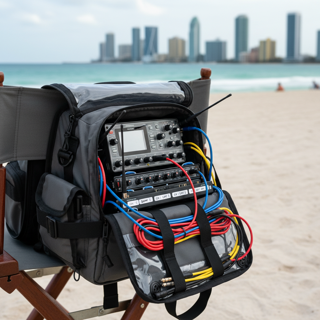 A detailed close-up of a weather-resistant sound bag worn over the back of a sturdy director’s chair, packed with a multi-channel mixer-recorder, wireless receivers, meticulously labeled frequency strips, and color-coded cables feeding into a neatly arranged harness. Behind, a blurred beachside commercial set reveals pale sand, turquoise water, and modern glass buildings in the distance, hinting at Miami’s coastline. Bright but diffused daylight from a lightly overcast sky minimizes harsh shadows, creating soft reflections on plastic screens and connectors. Photographic realism with a crisp, clean aesthetic, captured from a slightly low angle to make the equipment feel central and authoritative, conveying reliability and readiness for unpredictable on-location conditions.