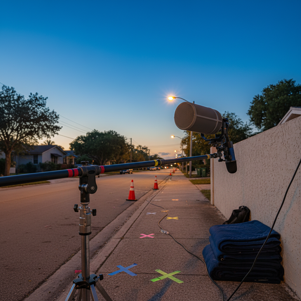 A cinematic outdoor film set at dusk on a quiet Miami street, focusing on a boom pole resting on a sturdy C-stand, its shotgun microphone snug in a gray blimp with detailed mesh and shock mount. Around it, colorful gaffer tape marks on sun-warmed asphalt, orange traffic cones, and folded sound blankets lean against a low stucco wall. The sky glows with soft blue hour light while practical sodium-vapor streetlights cast warm pools below, creating a subtle contrast. Photographic realism, captured at eye level with a wide lens to emphasize environment, evoking a calm, professional, on-location workflow atmosphere without any visible crew.