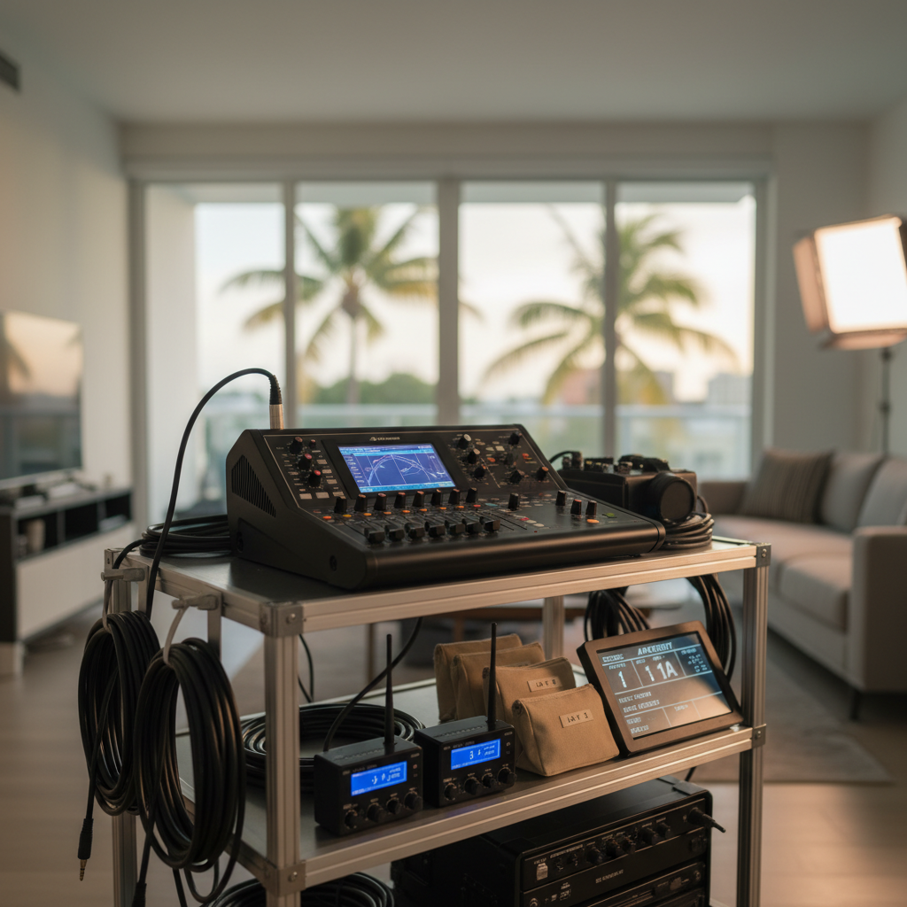 location sound An interior TV commercial setup inside a modern Miami apartment, with the focus on a compact mixer-recorder placed on a low rolling sound cart. The cart holds neatly coiled cables, wireless receivers with tiny LCD screens glowing soft blue, labeled lavalier pouches, and a slate resting beside them. The background reveals a blurred living room with clean white walls, tall windows, and hints of palm trees outside. Late afternoon sunlight filters in, mixed with soft LED panel light, creating gentle highlights on metal surfaces and a comfortable, professional mood. Photographic realism, framed using the rule of thirds with a shallow depth of field that emphasizes the cart as the control center of location sound.